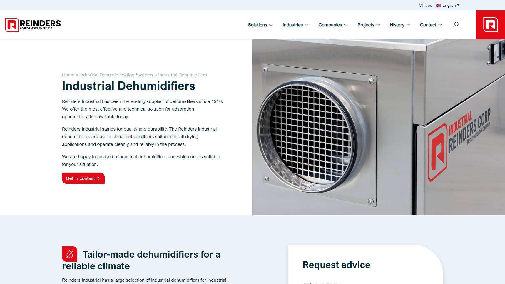 Reinders Industrial Dehumidification Systems - Industrial Dehumidifier Manufacturer